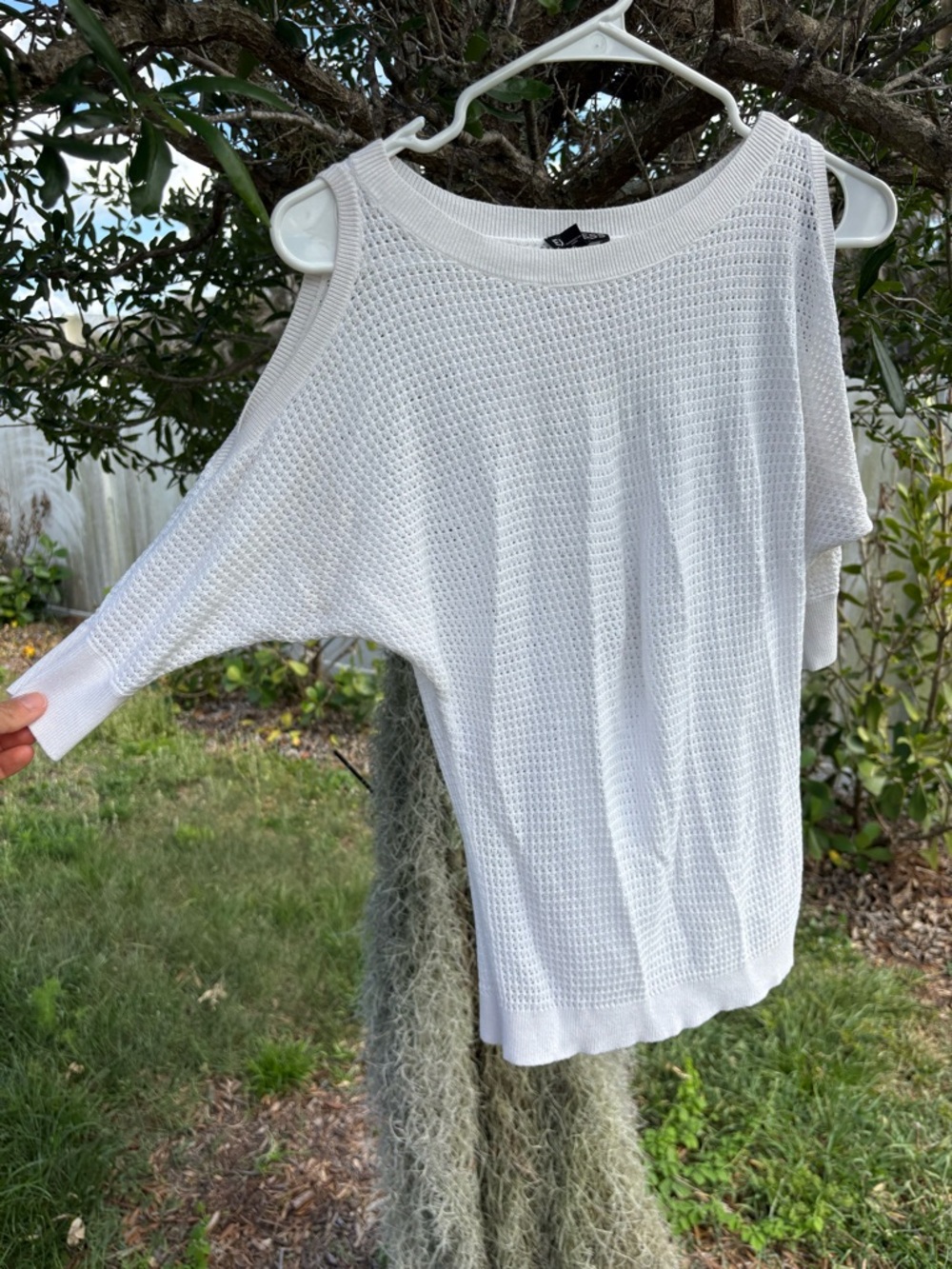 Express White Open-Knit Cold Shoulder Sweater